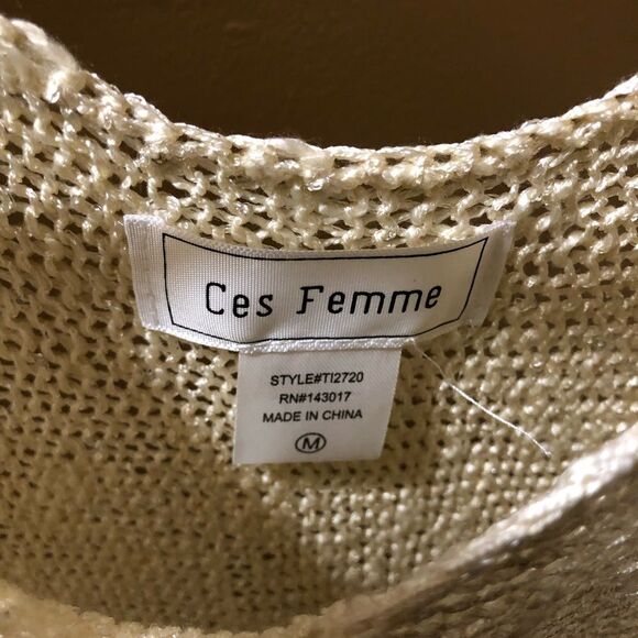 Ces Femme Womens Sweater M Ballet Neck Open Weave Shimmer Ivory Mini Bell Sleeve - Picture 8 of 8
